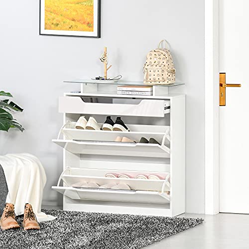 HOMCOM Mueble Zapatero de 2 Puertas Zapatero Estrecho para 16 Pares de Zapatos con Cajón Estante Abierto y Encimera de Vidrio para Pasillo Entrada 89x23x96 cm Blanco