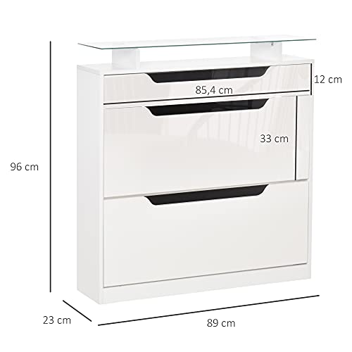 HOMCOM Mueble Zapatero de 2 Puertas Zapatero Estrecho para 16 Pares de Zapatos con Cajón Estante Abierto y Encimera de Vidrio para Pasillo Entrada 89x23x96 cm Blanco