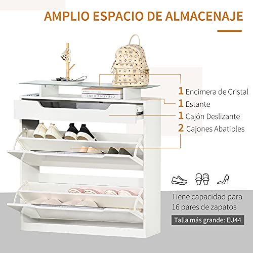 HOMCOM Mueble Zapatero de 2 Puertas Zapatero Estrecho para 16 Pares de Zapatos con Cajón Estante Abierto y Encimera de Vidrio para Pasillo Entrada 89x23x96 cm Blanco