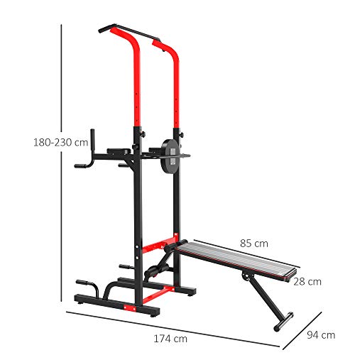 HOMCOM Multiestación Máquina de Musculación Multifuncional Plegable con Banco Acolchado Altura Ajustable en 6 Niveles Acero 94x174x180-230 cm Negro y Rojo