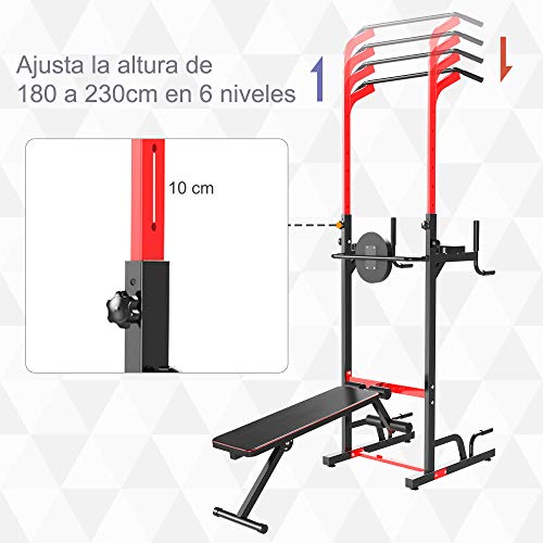 HOMCOM Multiestación Máquina de Musculación Multifuncional Plegable con Banco Acolchado Altura Ajustable en 6 Niveles Acero 94x174x180-230 cm Negro y Rojo