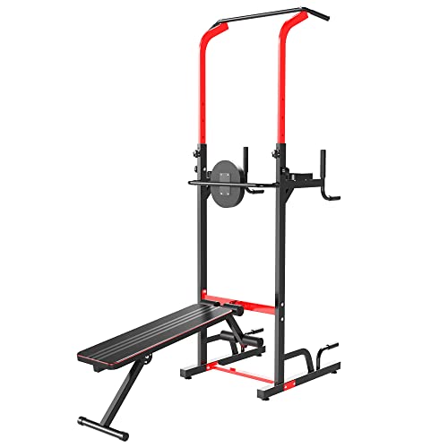 HOMCOM Multiestación Máquina de Musculación Multifuncional Plegable con Banco Acolchado Altura Ajustable en 6 Niveles Acero 94x174x180-230 cm Negro y Rojo