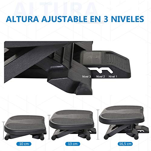 HOMCOM Multifuncional Reposapiés con Superficie Antideslizante Plataforma Inclinación de 0-30° Masaje 3 Niveles Altura Ajustable Apto a Oficina Casa Negro 45x34x(10-16.5) cm