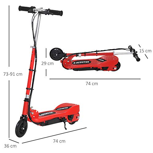 HOMCOM Patinete Eléctrico para Niños de +7 Años Scooter Plegable con Altura Ajustable Batería Recargable 24V Velocidad hasta 12 km/h y Freno Carga 50 kg 74x36x73-91 cm Rojo