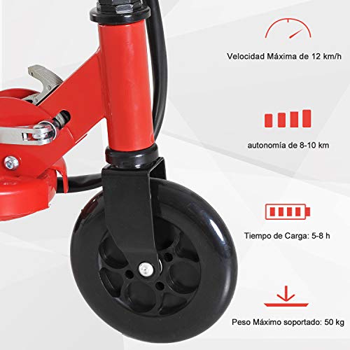 HOMCOM Patinete Eléctrico para Niños de +7 Años Scooter Plegable con Altura Ajustable Batería Recargable 24V Velocidad hasta 12 km/h y Freno Carga 50 kg 74x36x73-91 cm Rojo