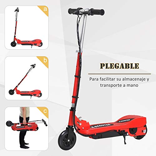 HOMCOM Patinete Eléctrico para Niños de +7 Años Scooter Plegable con Altura Ajustable Batería Recargable 24V Velocidad hasta 12 km/h y Freno Carga 50 kg 74x36x73-91 cm Rojo