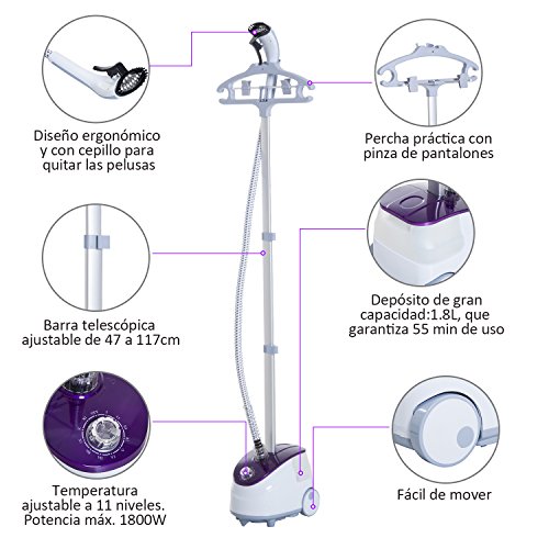 HOMCOM Plancha de Vapor con Depósito de 1.8L y Temperatura Ajustable a 11 Niveles Tipo Centro de Planchado Vertical 1800W 21.5x30x150cm