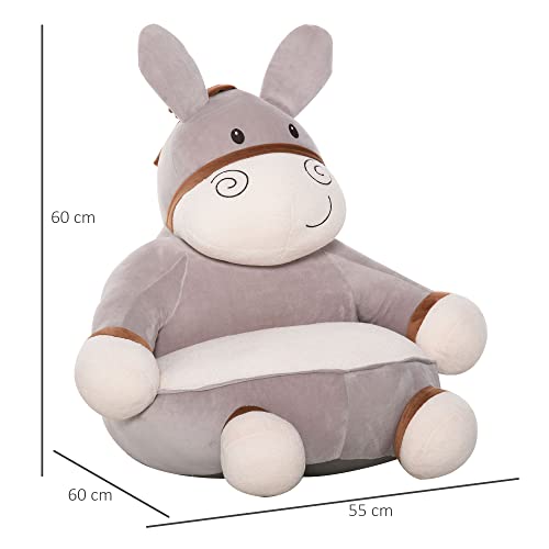 HOMCOM Puff Infantil Diseño de Burrito Sillón para Niños +18 Meses de Franela Asiento Acolchado Alfombra Antideslizante para Dormitorio Sala de Juegos 60x55x60 cm Gris