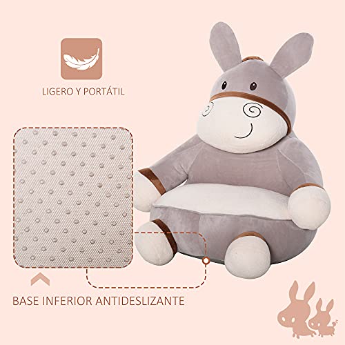 HOMCOM Puff Infantil Diseño de Burrito Sillón para Niños +18 Meses de Franela Asiento Acolchado Alfombra Antideslizante para Dormitorio Sala de Juegos 60x55x60 cm Gris