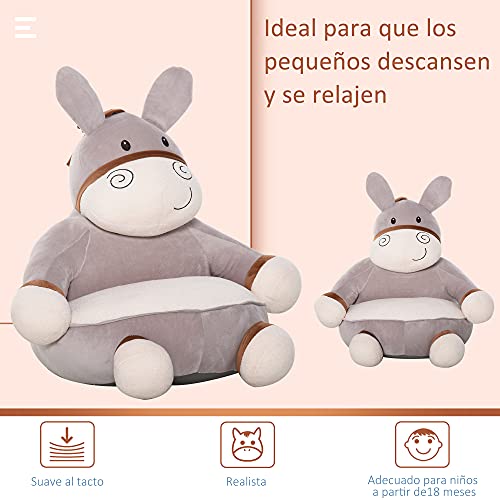 HOMCOM Puff Infantil Diseño de Burrito Sillón para Niños +18 Meses de Franela Asiento Acolchado Alfombra Antideslizante para Dormitorio Sala de Juegos 60x55x60 cm Gris