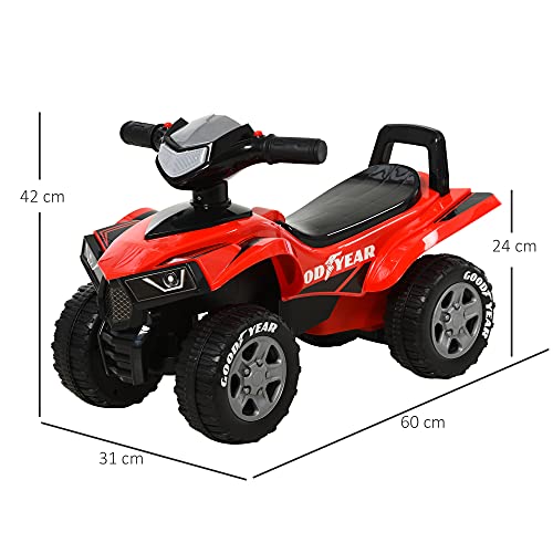 HOMCOM Quad Correpasillos para Niños Mayores de 18-36 Meses Coche Cuatrimoto con Funciones de Luces Bocina y Espacio Secreto de Almacenaje 60x31x42 cm Rojo