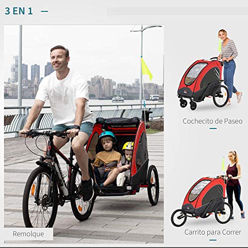 HOMCOM Remolque Infantil 3 en 1 para Bicicleta Carrito para Correr de 2 Plazas para Niños de +6 Meses Plegable Ruedas Giratorias y Manillar Ajustable 150x85x107 cm Rojo