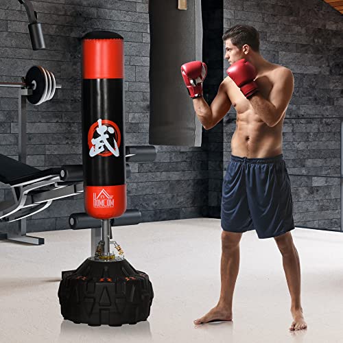 HOMCOM Saco de Boxeo de Pie Soporte de Boxeo para Adultos Base Grande Rellenable de Arena 60 kg/Agua 50 kg Resortes Amortiguador Φ60x180 cm Negro y Rojo