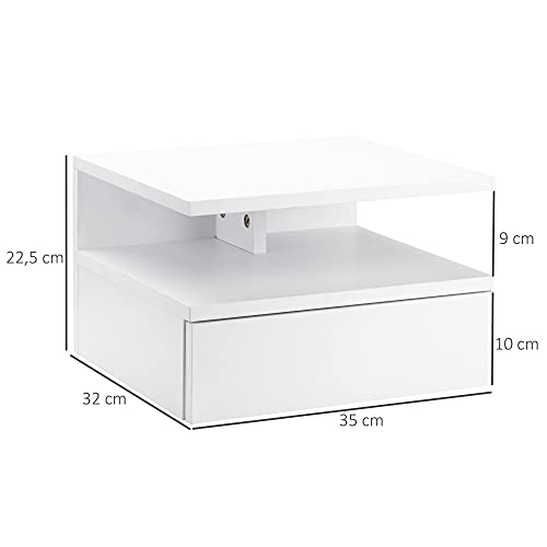 HOMCOM Set de 2 Mesitas de Noche Flotantes con 1 Cajón y Estante Abierto Diseño Moderno Montado en la Pared 35x32x22,5 cm Blanco