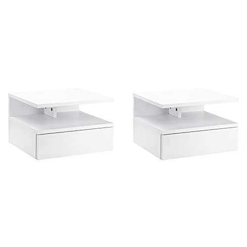 HOMCOM Set de 2 Mesitas de Noche Flotantes con 1 Cajón y Estante Abierto Diseño Moderno Montado en la Pared 35x32x22,5 cm Blanco