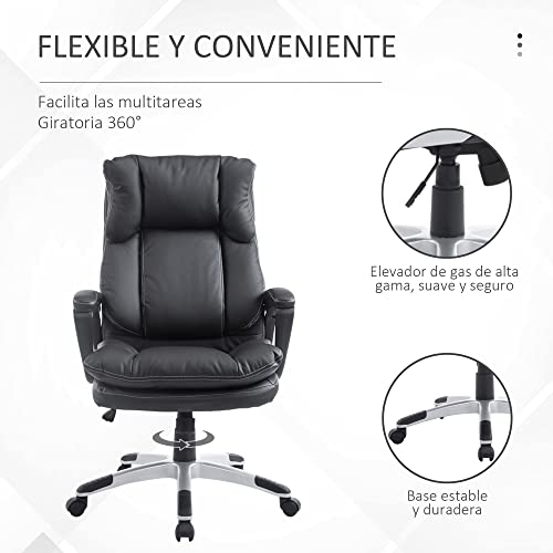 HOMCOM Silla Giratorio de Oficina Sillón de Escritorio Ergonómica con Ruedas y Reposabrazos Altura Ajustable PU Negro