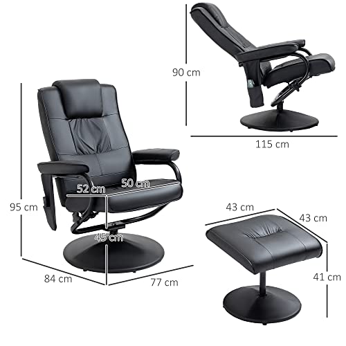 HOMCOM Sillón de Masaje Eléctrico con Taburete Reposapiés Sillón Relax Giratorio Reclinable hasta 145° con Control Remoto y 10 Zonas de Masaje Tapizado en PU 77x84x95 cm Negro