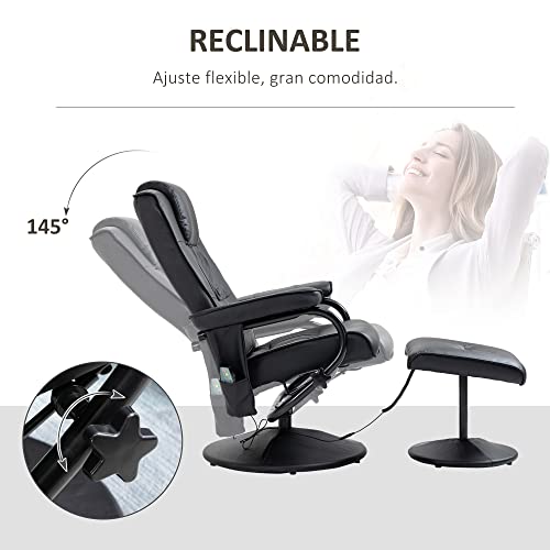 HOMCOM Sillón de Masaje Eléctrico con Taburete Reposapiés Sillón Relax Giratorio Reclinable hasta 145° con Control Remoto y 10 Zonas de Masaje Tapizado en PU 77x84x95 cm Negro