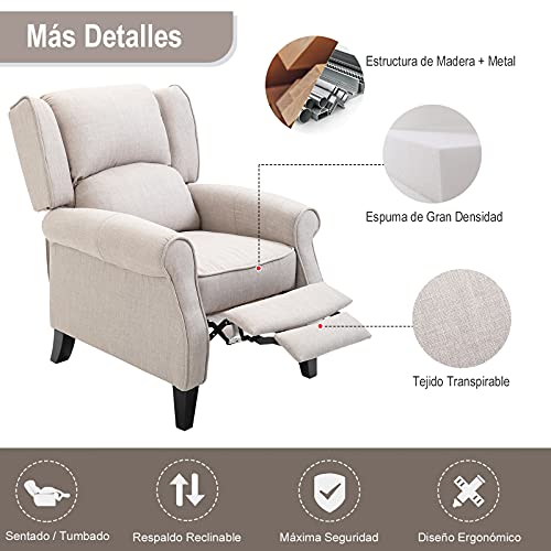 HOMCOM Sillón Relax con Reclinación Manual hasta 160° con Reposapiés Retráctil Esponja de Densidad Tapizado en Arpillera 77x88x102cm