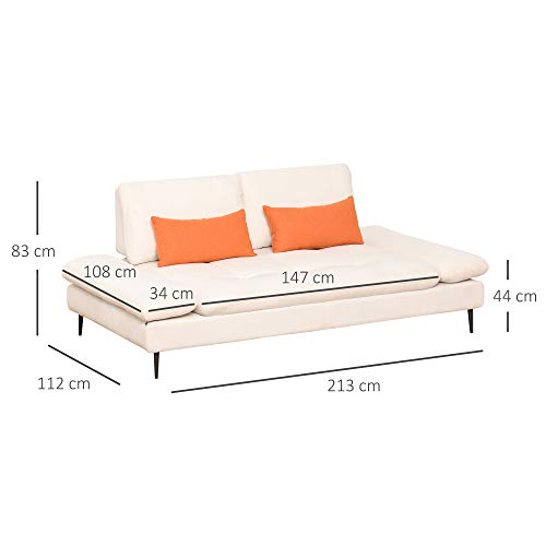 HOMCOM Sofá de 2 Plazas Convertible en Cama Individual con Respaldo Regulable y Reposabrazos Abatible 2 Almohadas Lumbar Acolchado Patas de Metal 213x112x83 cm Beige