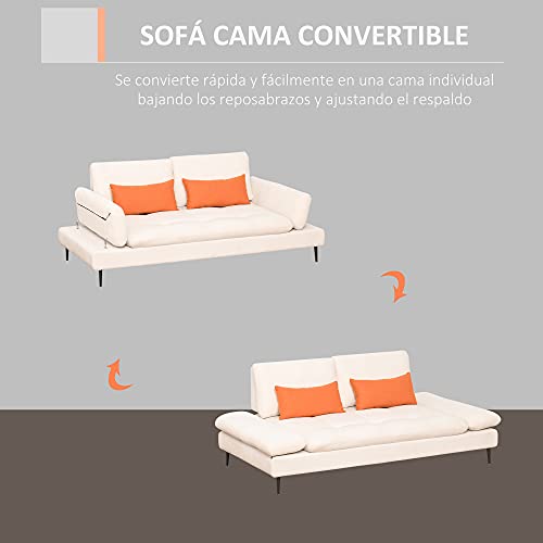 HOMCOM Sofá de 2 Plazas Convertible en Cama Individual con Respaldo Regulable y Reposabrazos Abatible 2 Almohadas Lumbar Acolchado Patas de Metal 213x112x83 cm Beige