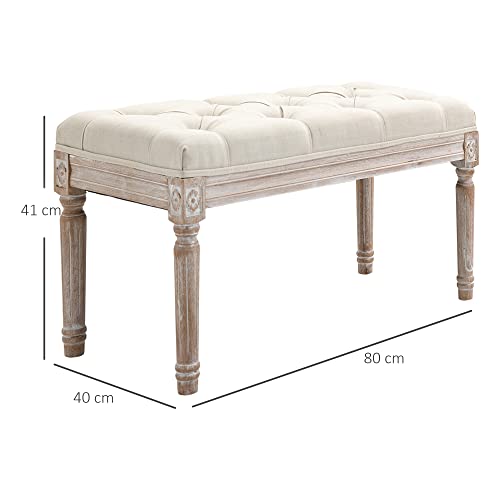 HOMCOM Taburete para Pie de Cama Tapizado en Tela con Asiento Acolchado y Patas de Madera Banqueta de Estilo Vintage para Dormitorio Recibidor Salón 80x40x41 cm Beige