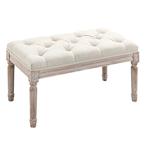 HOMCOM Taburete para Pie de Cama Tapizado en Tela con Asiento Acolchado y Patas de Madera Banqueta de Estilo Vintage para Dormitorio Recibidor Salón 80x40x41 cm Beige