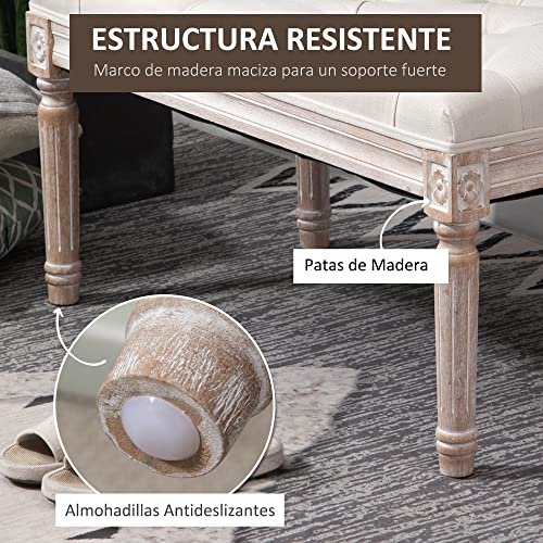 HOMCOM Taburete para Pie de Cama Tapizado en Tela con Asiento Acolchado y Patas de Madera Banqueta de Estilo Vintage para Dormitorio Recibidor Salón 80x40x41 cm Beige