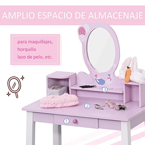 HOMCOM Tocador Infantil con Taburete y Espejo Tipo Princesa Mesita de Maquillaje de Madera Rosa Juguete para Niñas 60x34x93 cm