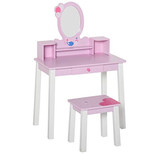 HOMCOM Tocador Infantil con Taburete y Espejo Tipo Princesa Mesita de Maquillaje de Madera Rosa Juguete para Niñas 60x34x93 cm