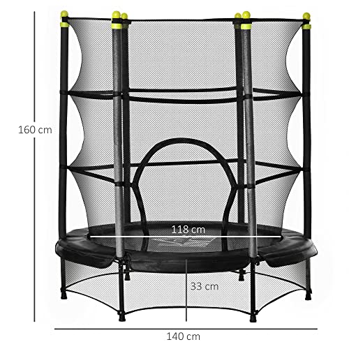 HOMCOM Trampolín para Niños de +3 Años Cama Elástica de Salto Infantil con Red de Seguridad y Marco Acero para Interiores y Exteriores Carga 45 kg 140x140x160 cm Negro