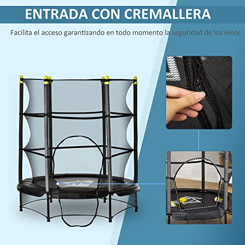 HOMCOM Trampolín para Niños de +3 Años Cama Elástica de Salto Infantil con Red de Seguridad y Marco Acero para Interiores y Exteriores Carga 45 kg 140x140x160 cm Negro