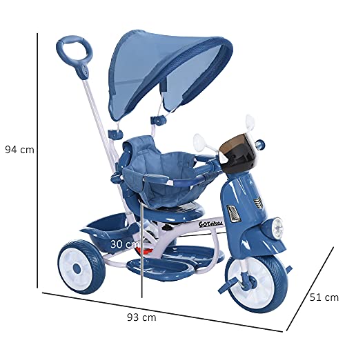 HOMCOM Triciclo Evolutivo Infantil Silla de Paseo Infantil con Función de Luz y Música Barra de Seguridad y Toldo Retráctil Asiento Giratorio 360° 93x51x94 cm Azul