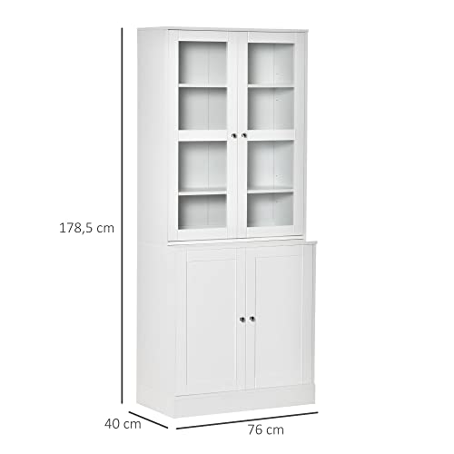 HOMCOM Vitrina Armario de Libros con 4 Puertas y Estantes Ajustables Estilo Moderno Armario Organizador para Salón Cocina Oficina Dormitorio 76x40x178,5 cm Blanco