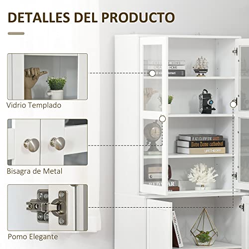 HOMCOM Vitrina Armario de Libros con 4 Puertas y Estantes Ajustables Estilo Moderno Armario Organizador para Salón Cocina Oficina Dormitorio 76x40x178,5 cm Blanco