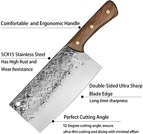 Home Safety Cuchillo Chino de Carnicero, 8 pulgadas Cuchillo profesional de Carnicero, Cuchillo de Cocina de Cuchilla Forjada a Mano con Mango de Madera Ergonómico