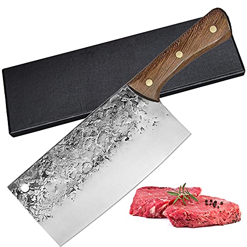 Home Safety Cuchillo Chino de Carnicero, 8 pulgadas Cuchillo profesional de Carnicero, Cuchillo de Cocina de Cuchilla Forjada a Mano con Mango de Madera Ergonómico