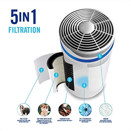 HoMedics Purificador de aire Filtro HEPA con carbón activo. Purificador aire hogar, Elimina hasta el 99.9% de los alérgenos, polen, polvo, humo, caspa para mascotas, moldes, malos olores, tabaco