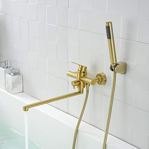 HomeLava Grifo de Bañera con Alcachofa de Mano, Grifo de Bañera, Grifo Mezclador de Una Sola Palanca con Manguera de Ducha de 1,5 m Para Baño Ducha Bañera Dorado Cepillado(Longitud de La Boca 35 cm)