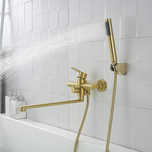 HomeLava Grifo de Bañera con Alcachofa de Mano, Grifo de Bañera, Grifo Mezclador de Una Sola Palanca con Manguera de Ducha de 1,5 m Para Baño Ducha Bañera Dorado Cepillado(Longitud de La Boca 35 cm)