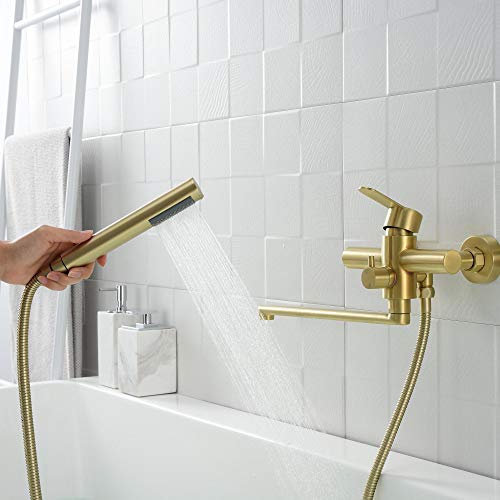 HomeLava Grifo de Bañera con Alcachofa de Mano, Grifo de Bañera, Grifo Mezclador de Una Sola Palanca con Manguera de Ducha de 1,5 m Para Baño Ducha Bañera Dorado Cepillado(Longitud de La Boca 35 cm)