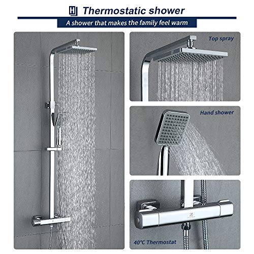 HOMELODY 40℃ Conjunto de Ducha Termostática Columna de ducha Rectangular de Latón Altura Ajustable 818-1214mm Ducha de Lluvia 2 Modos Ducha de Mano para Baño