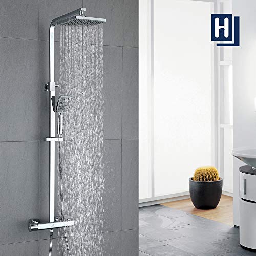 HOMELODY 40℃ Conjunto de Ducha Termostática Columna de ducha Rectangular de Latón Altura Ajustable 818-1214mm Ducha de Lluvia 2 Modos Ducha de Mano para Baño