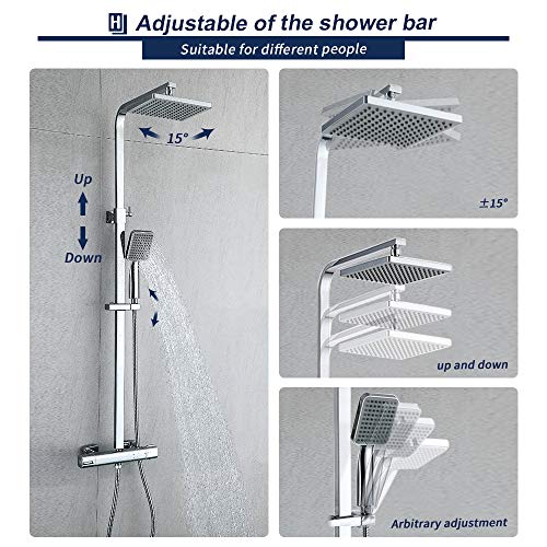 HOMELODY 40℃ Conjunto de Ducha Termostática Columna de ducha Rectangular de Latón Altura Ajustable 818-1214mm Ducha de Lluvia 2 Modos Ducha de Mano para Baño