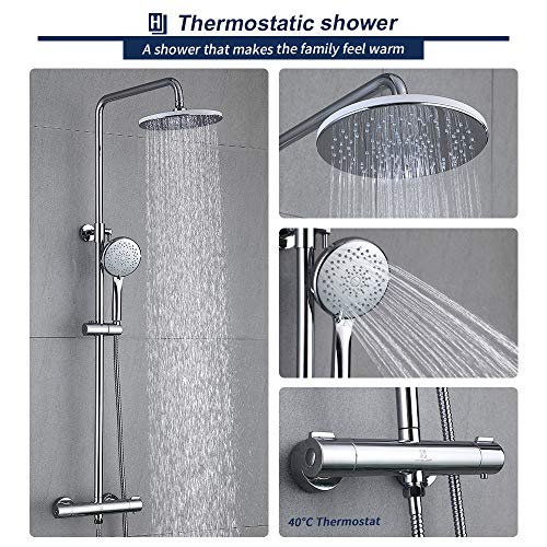 HOMELODY 40ºC Columna de Ducha Termostática Multifuncional Conjunto de ducha Latón Cromado Inoxidable Altura Ajustable 829mm-1221mm Ducha de Mano 3 Funciones Ducha Redondo para Cuarto de Baño