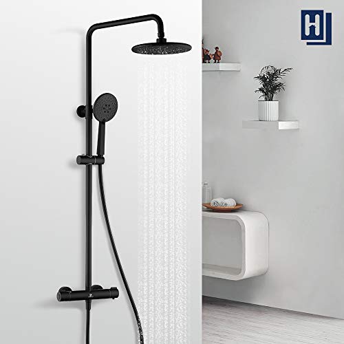 HOMELODY Columna Ducha Negro Termostatica 40℃, Conjunto de Ducha con Grifo Monomando de Latón Altura Ajustable 829mm-1221mm Ducha de Lluvia 3 Tipos Ducha de Mano Con Volante Antideslizante para Baño