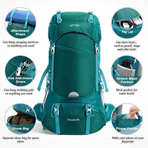 HOMIEE Mochila de Senderismo de 50 litros, Macutos de Senderismo Impermeable Multifuncional, Mochilas de caminoso para Senderismo, Viaje, Deportes al Aire Libre, etc (Mochila de Color Esmeralda)