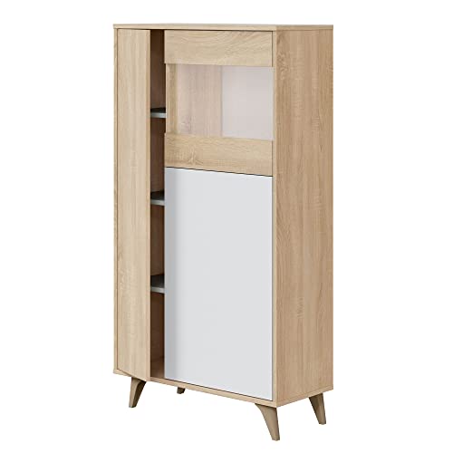 HOMN LIVING Vitrina 3 Puertas Kiko Color Roble/Blanco, Armario Auxiliar, 77 cm (Ancho) 33 cm (Profundo) 142 cm (Altura)