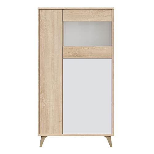 HOMN LIVING Vitrina 3 Puertas Kiko Color Roble/Blanco, Armario Auxiliar, 77 cm (Ancho) 33 cm (Profundo) 142 cm (Altura)