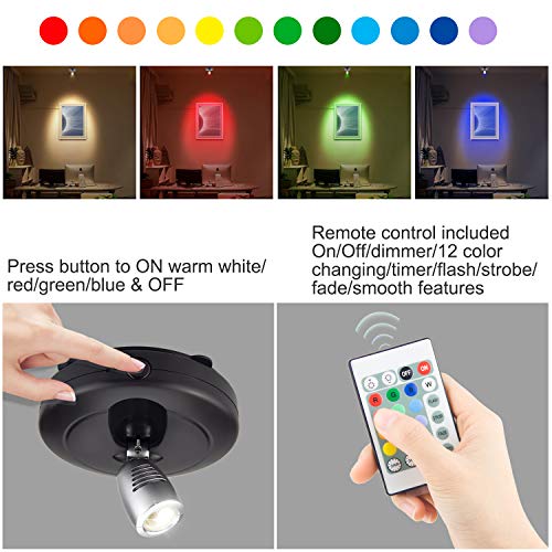 HONWELL Foco LED inalámbrico con batería,luz de disco con control remoto,temporizador de iluminación RGB para tablero de dardos, iluminación de imágenes giratoria para pintura de espejo,2 piezas,negro